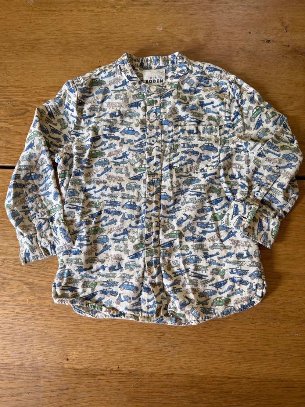 Mini Boden Boy’s Cream Lightweight Button-Up with Cars and Airplanes